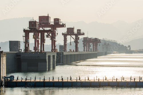 the Three Gorges Dam area at Yangtze River on a foggy day photo