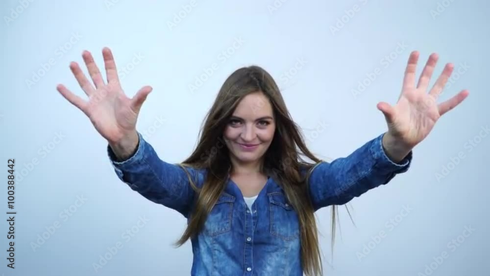 Woman raising hands arms up. Funny girl 4K Woman raising hands arms up. Funny girl 4K
