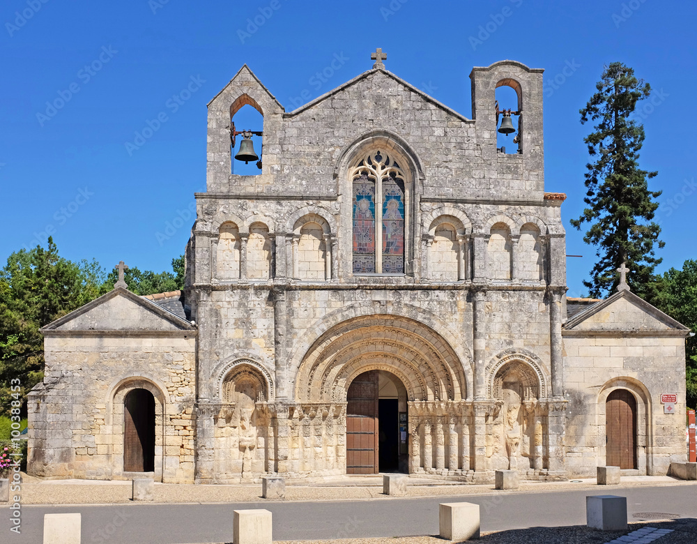 Church of Saint Vivian in Pons, Charente-Maritime, France, with a twelfth century roman style facade and a pilgrim hospital for pilgrims that walk to Santiago de Compostella in Spain