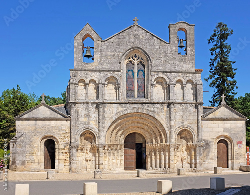 Church of Saint Vivian in Pons, Charente-Maritime, France, with a twelfth century roman style facade and a pilgrim hospital for pilgrims that walk to Santiago de Compostella in Spain