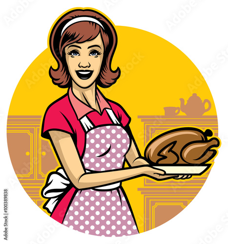 woman cooking and present the roasted chicken