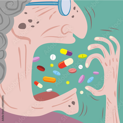 Old Woman taking a lot of pills