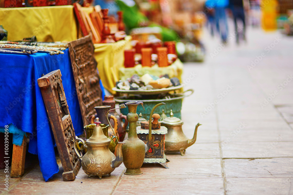 Teapots on Moroccan market in Essaouira, Morocco