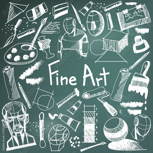 Fine art equipment and stationary handwriting doodle and tool model icon in blackboard background used for school or college education and document decoration with subject header text (by vector)
