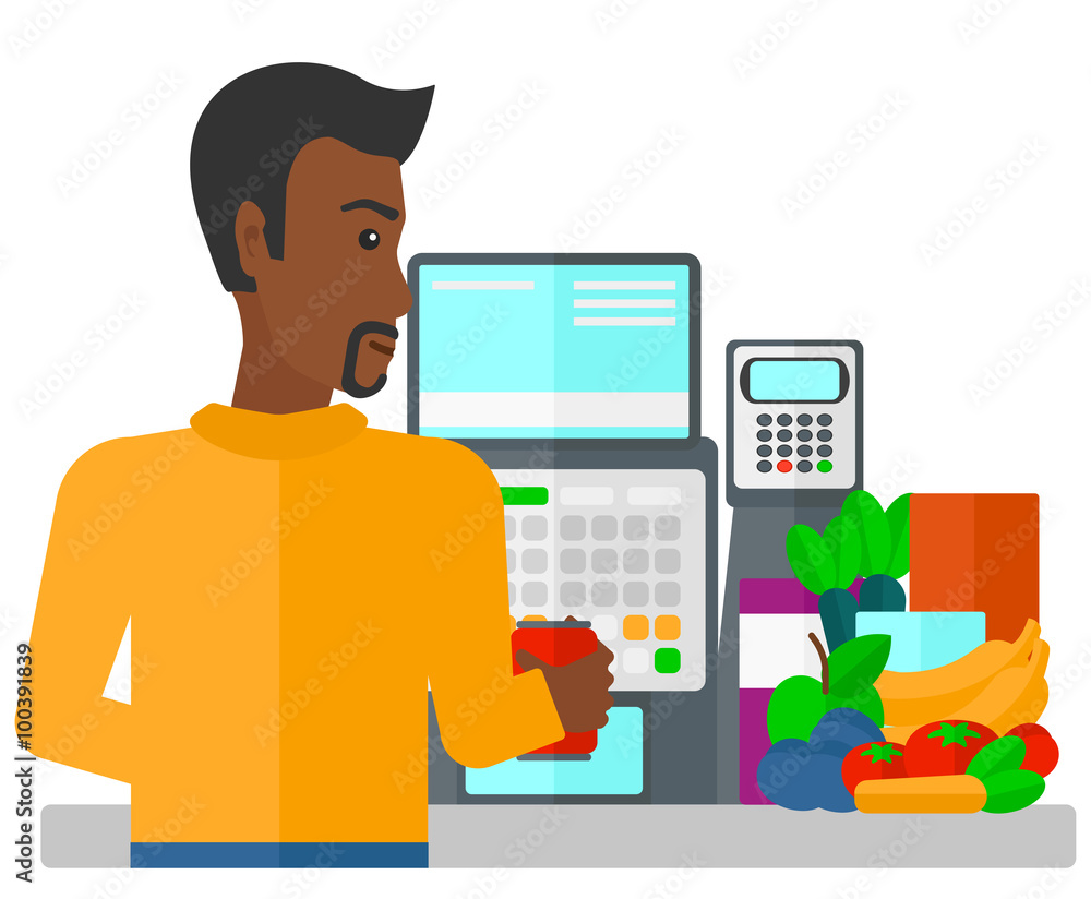 Cashier at supermarket checkout. Cashier at supermarket checkout.