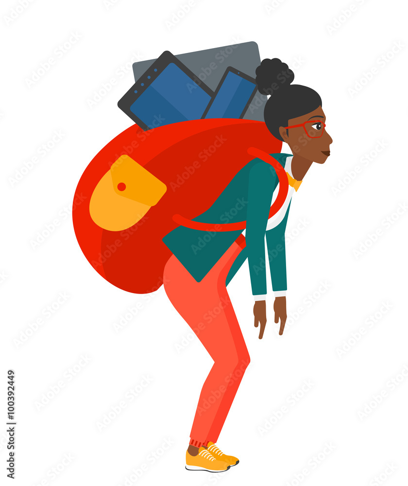Woman with backpack full of devices. Woman with backpack full of devices.