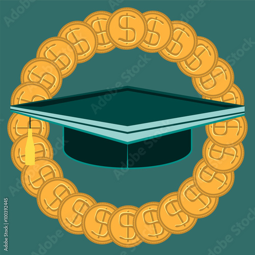 Graduate hat in the circle of gold dollar coins. Paid education.