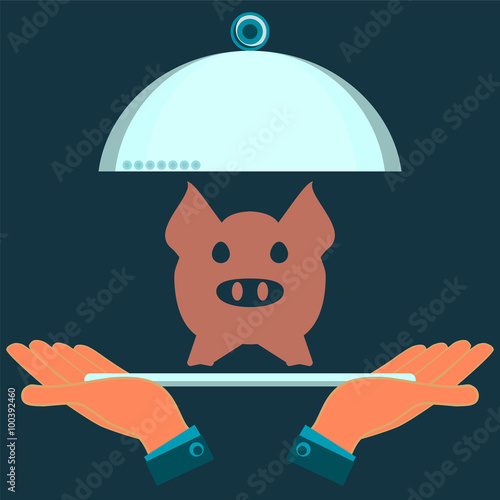 A serving dish with the pig in his hands. Meat eating in the res
