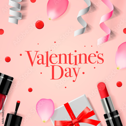 Valentines Day greeting card with gift box, cosmetics, lipstick, nail, and rose flower petals, vector illustration.