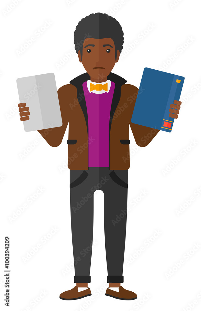 Man choosing between book and tablet. Man choosing between book and tablet.