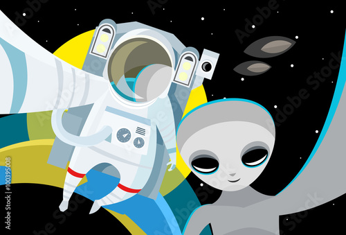 space astronaut and alien floating in earth orbit