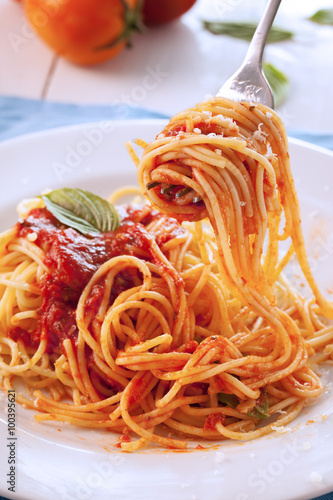 spaghetti with tomato sauce on fork