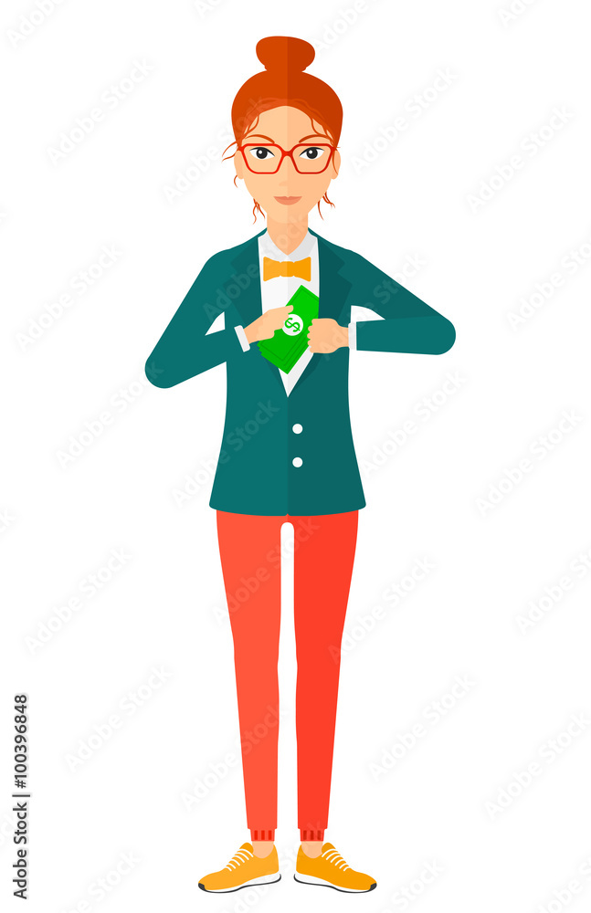 Woman putting money in pocket.