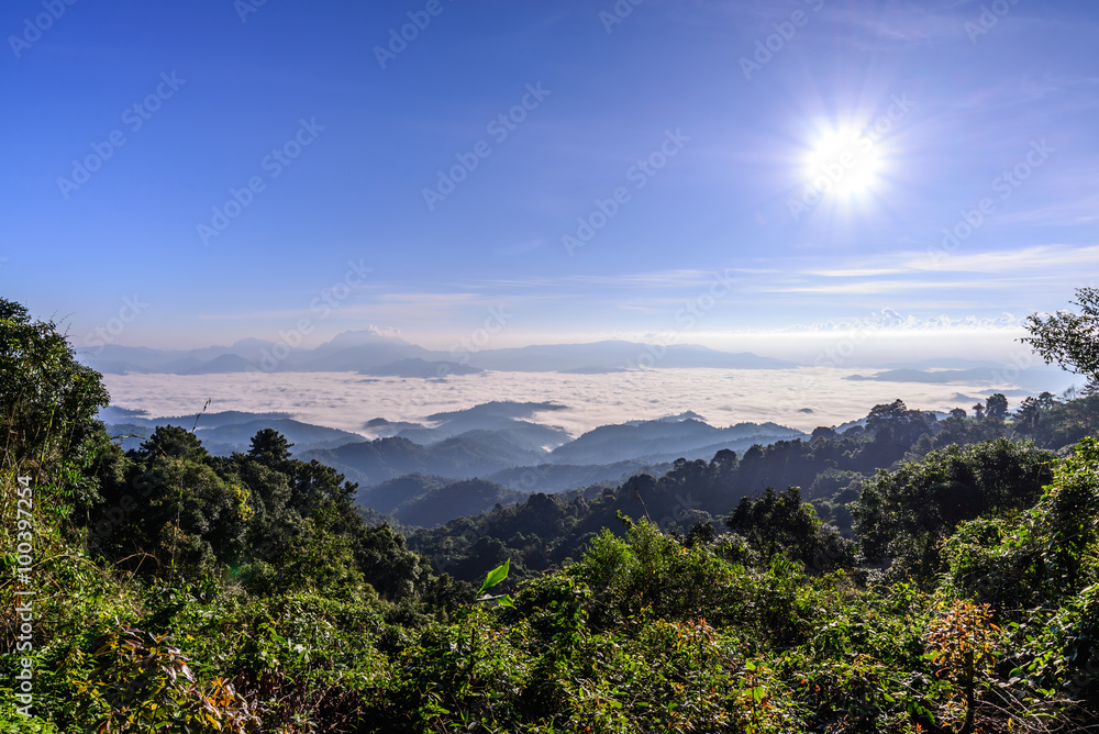  Sunrise and mist with mountain at Huai Nam Dang National Park in Chiang Mai, Thailand.
