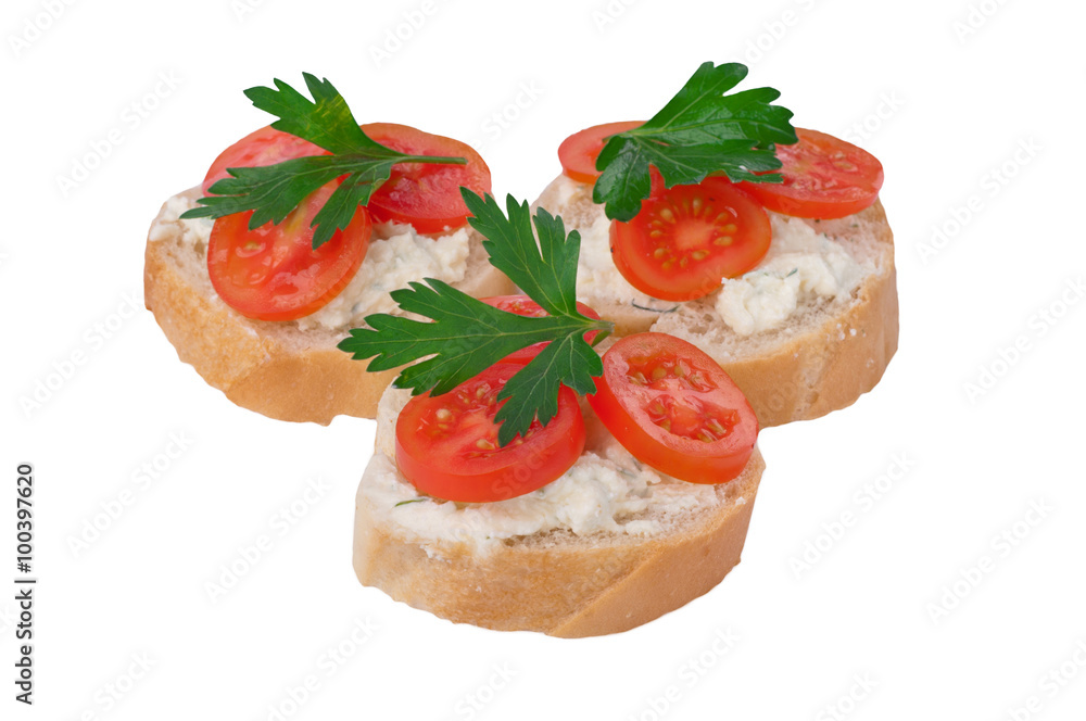 sandwich with cheese, tomatoes and parsley isolated on white bac sandwich with cheese, tomatoes and parsley isolated on white bac