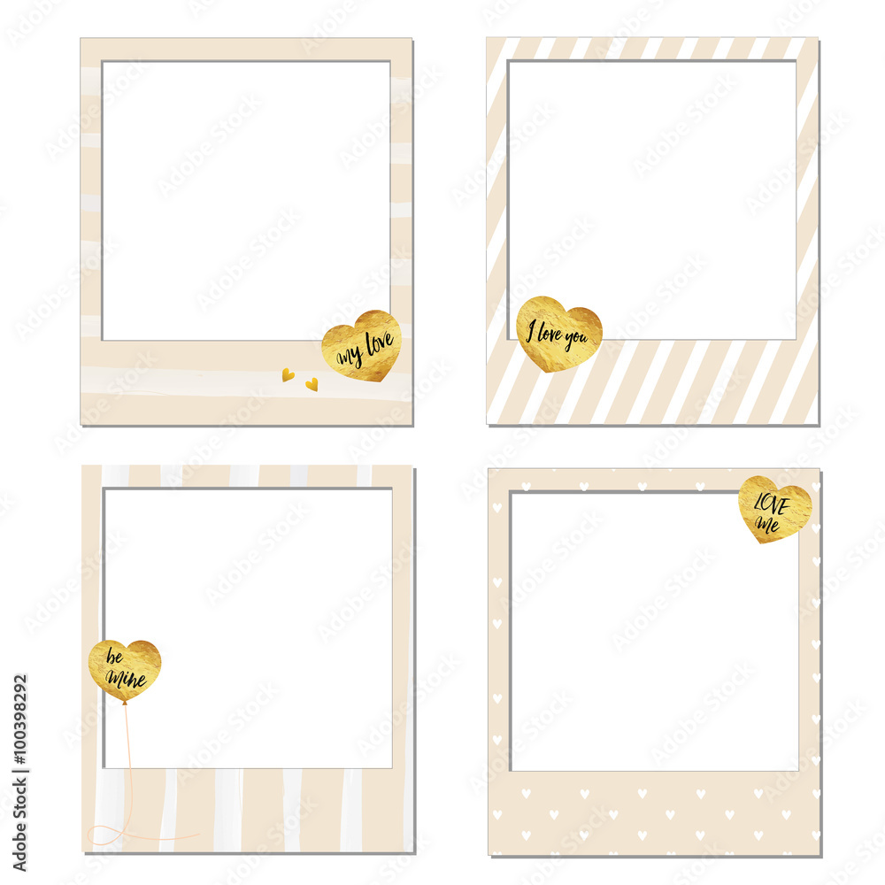 Set of vector photo frame template, Happy Valentine's day Polaroid frames  gold foil texture heart shaped