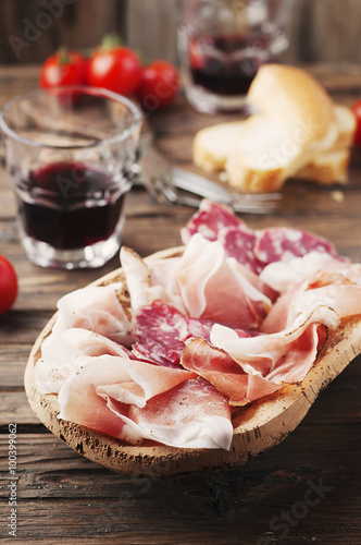 Plate with ham, bacon, salami and bread