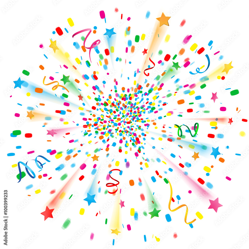 Konfetti Explosion mit Sternchen und Luftschlangen Stock-Vektorgrafik |  Adobe Stock