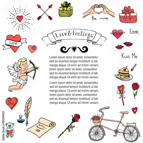 Hand drawn doodle Love and Feelings collection Vector illustration Sketchy Love icons Big set of icons for Valentine's day, Mothers day, wedding, love and romantic events Hearts hands cupid bouquet