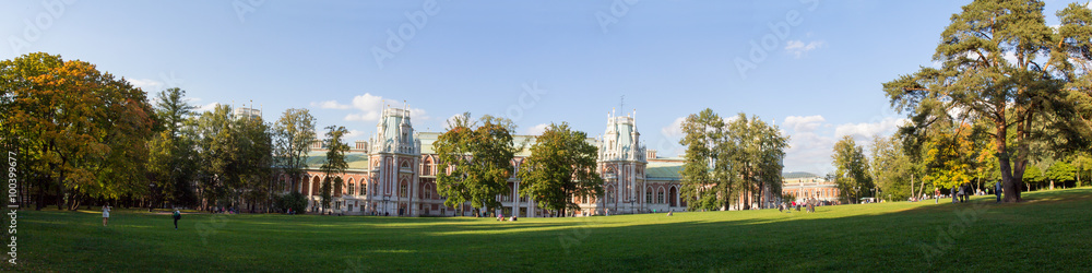 Панорама газона в окружении деревьев перед дворцом в парке Москвы. Осень. Россия.