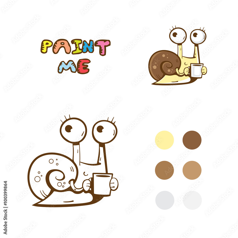 Coloring book  with cute cartoon snail bearing  cup with hot tea. Vector image.