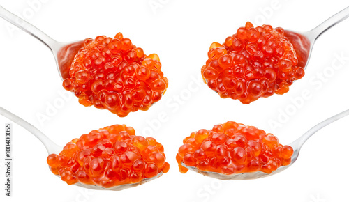 spoons with trout salmon red caviar isolated