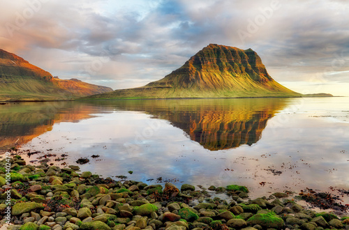 Sea coast with mountain reflection, Iceland