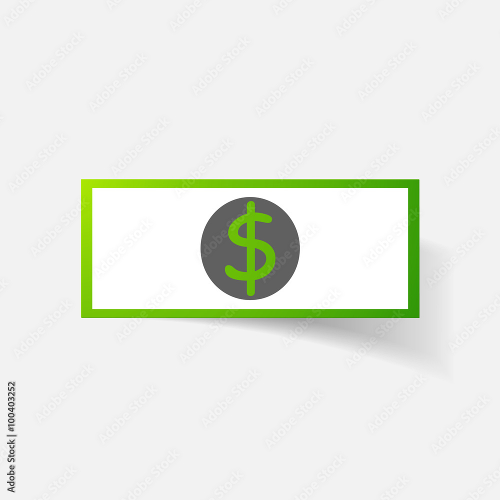 Paper clipped sticker: money, dollar bill with the image Paper clipped sticker: money, dollar bill with the image
