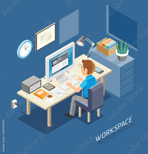 Work Space Isometric Flat Style. Business People Working On An Office Desk. Vector Illustration.  