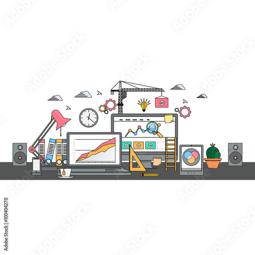 flat design of website under construction, web page building process, site form layout and menu buttons interface develop.
