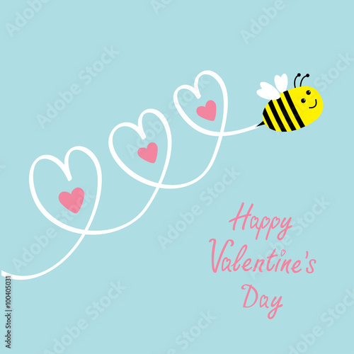 Happy Valentines Day. Love card. Cute flying bee. Three hearts in the sky. Baby background. Flat design.