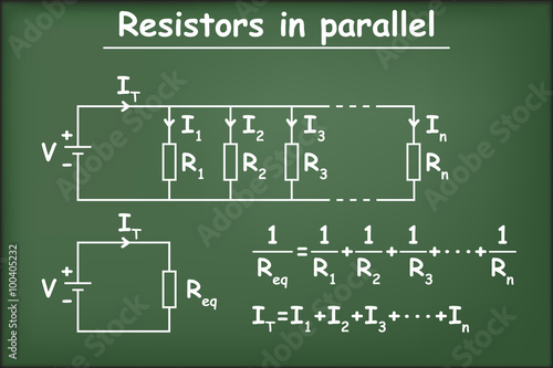 Association of resistors in parallel. Resistor, voltage and current in the equivalent circuit on chalkboard vector