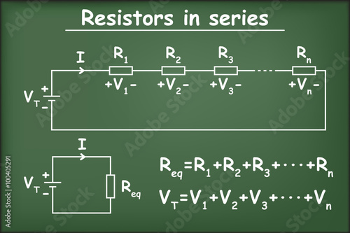 Association of resistors in series. Resistor, voltage and current in the equivalent circuit on chalkboard vector