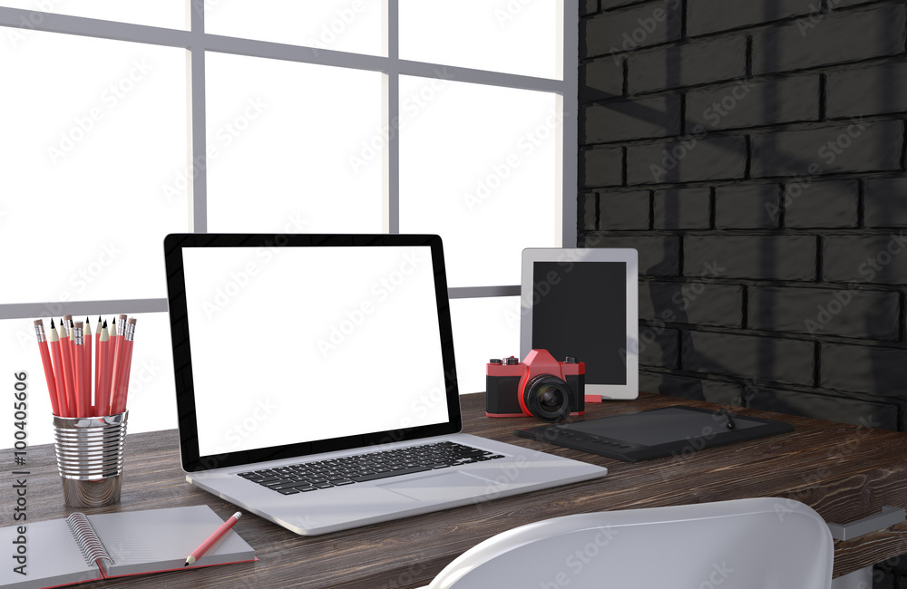 Fototapeta premium 3D illustration laptop and work stuff on table near brick wall, Workspace