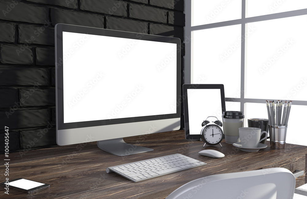 Fototapeta premium 3D illustration PC screen on table in office, Workspace