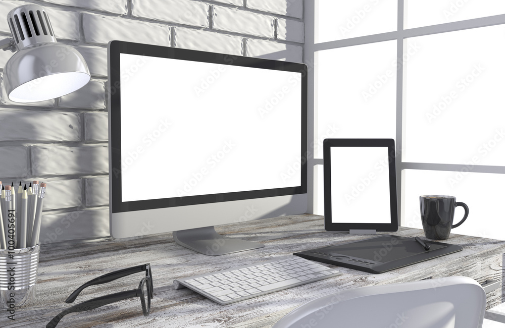 Fototapeta premium 3D illustration PC screen on table in office, Workspace