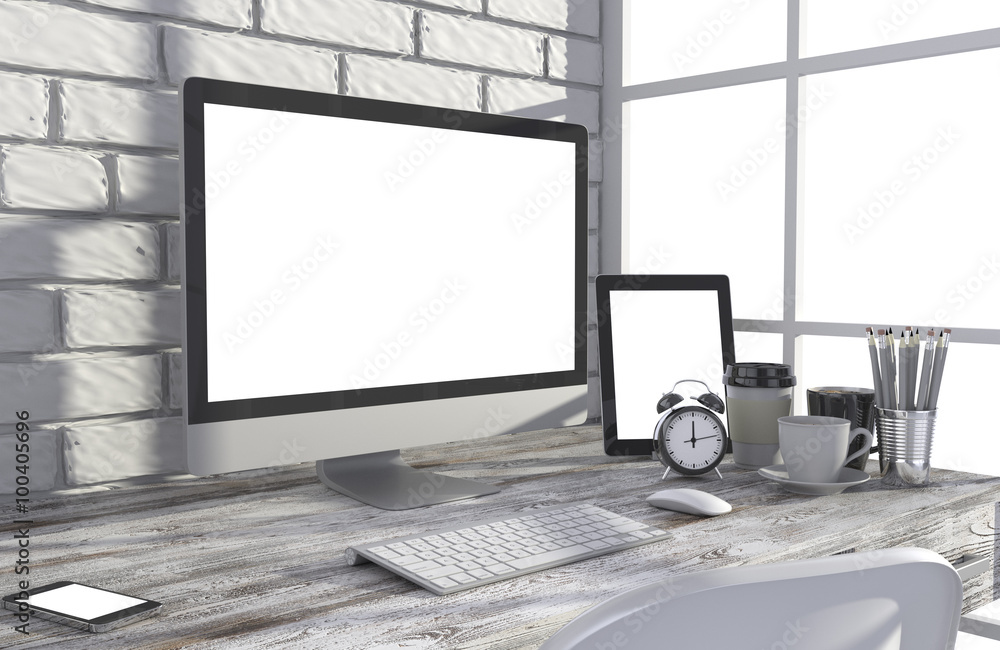 Fototapeta premium 3D illustration PC screen on table in office, Workspace