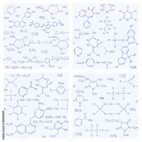 Set of seamless vector backgrounds with chemistry formulas and e