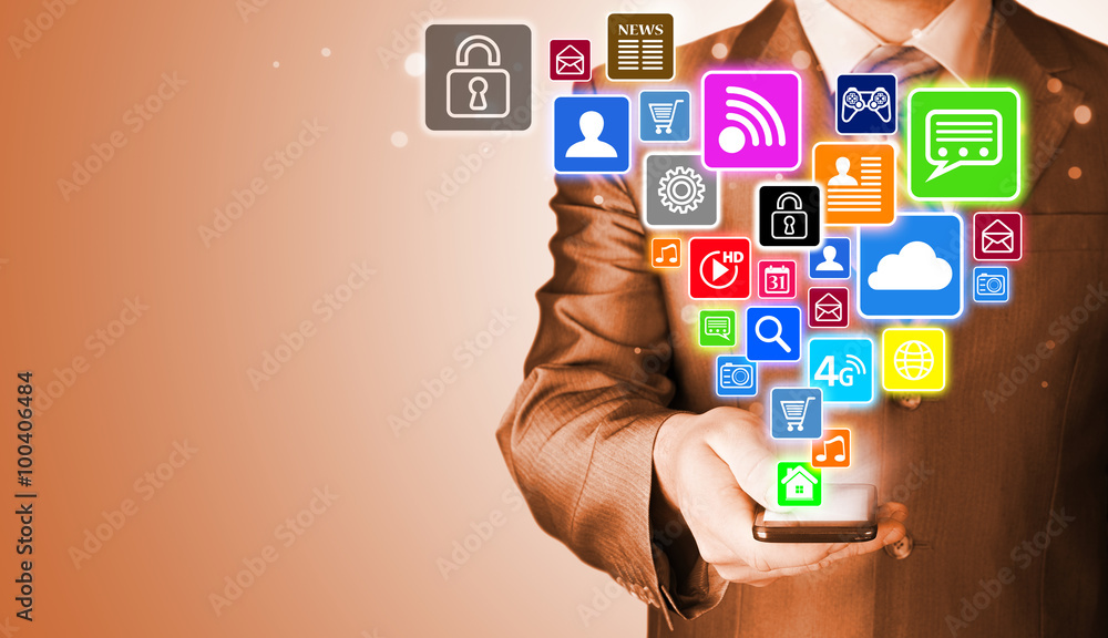 Business man using smart phone with social media icon set Business man using smart phone with social media icon set