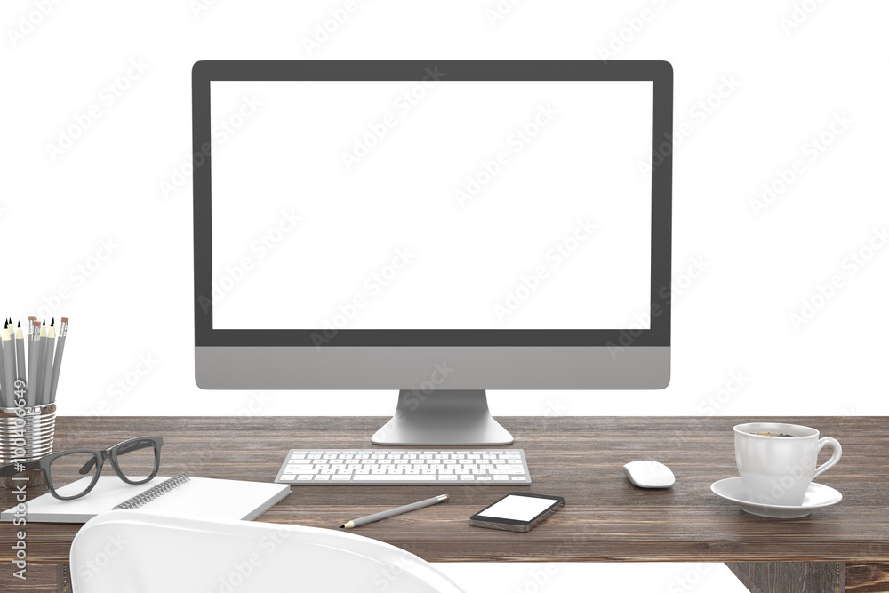 3D illustration PC screen on table in office, Workspace 3D illustration PC screen on table in office, Workspace