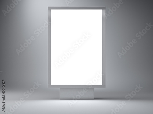 Silver lightbox in the empty studio. Front view. Gray wall background. 3d render