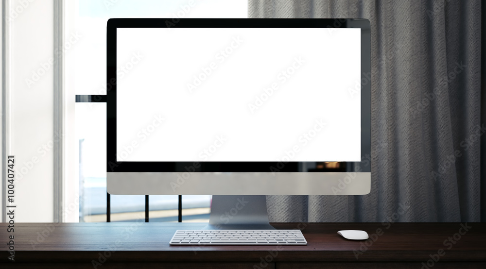 Generic design computer on the wooden table. 3d render Generic design computer on the wooden table. 3d render