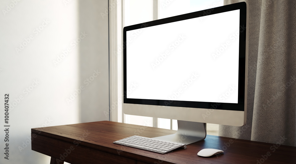Fototapeta premium Generic design computer on the wooden table. Empty screen. 3d render
