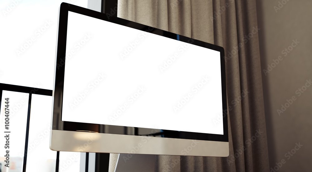 Closeup of generic design computer on the wooden table. Empty screen. 3d render Closeup of generic design computer on the wooden table. Empty screen. 3d render