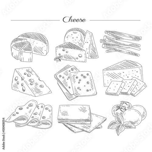 Types of Cheese. Handdrawn Set