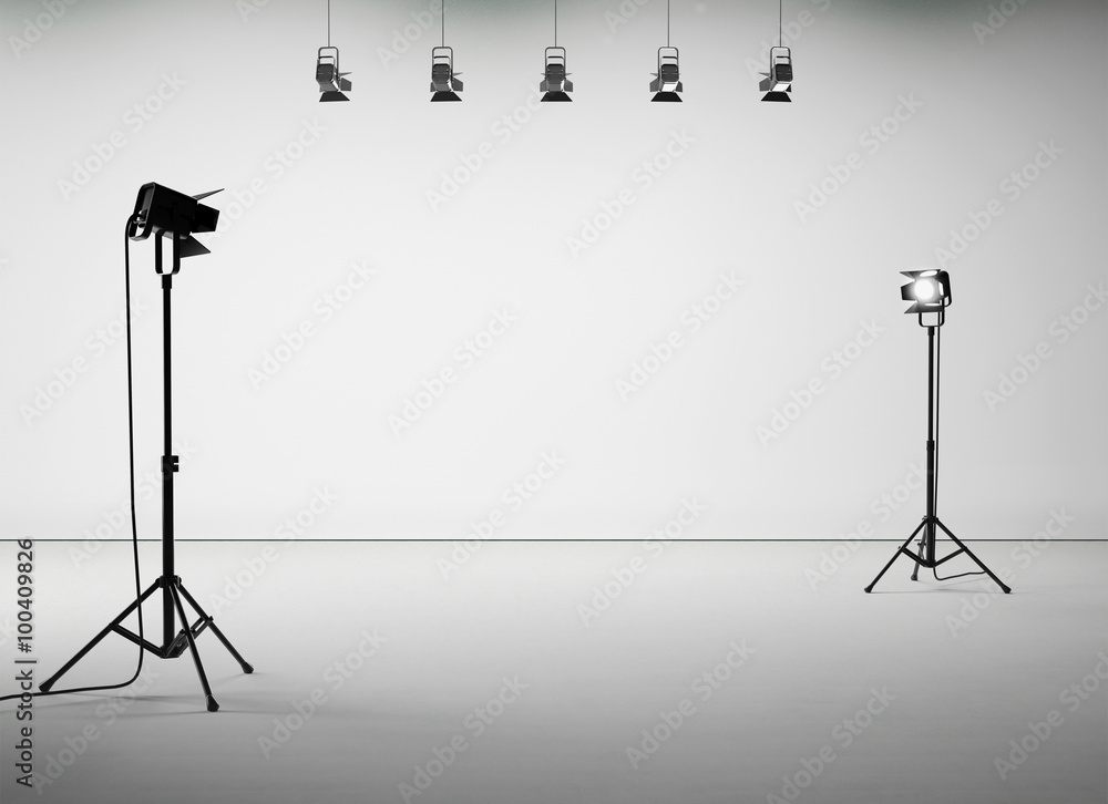 White studio room with equipment, no body. 3d render