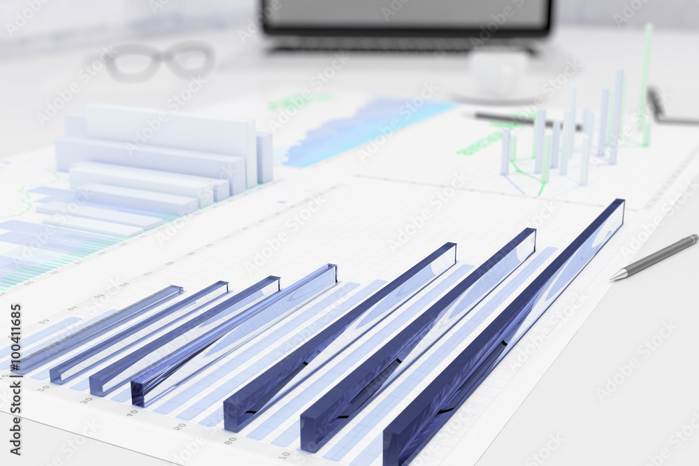 3D business graphs on the table with papers 3D business graphs on the table with papers