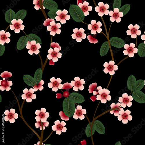 Seamless pattern with pink cherry flowers and leaf