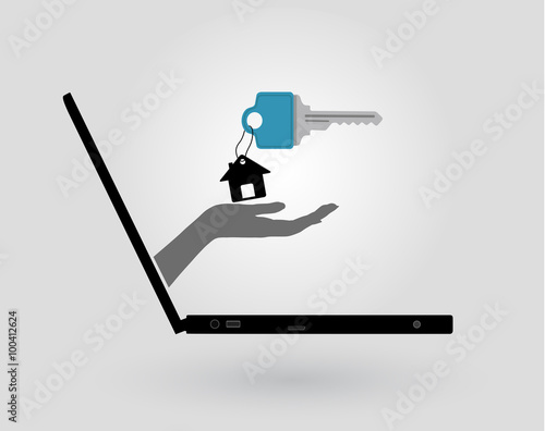 a woman's hand comes out of a laptop screen and gives a house key