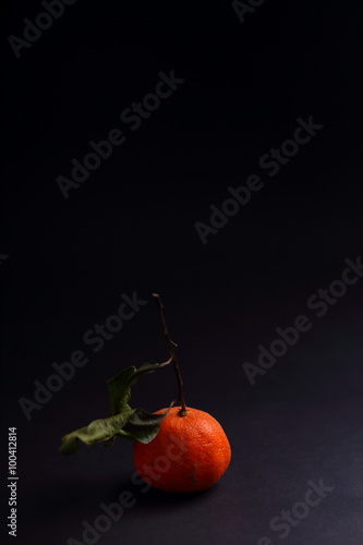 Mandarin with a dry leaf on a dark background